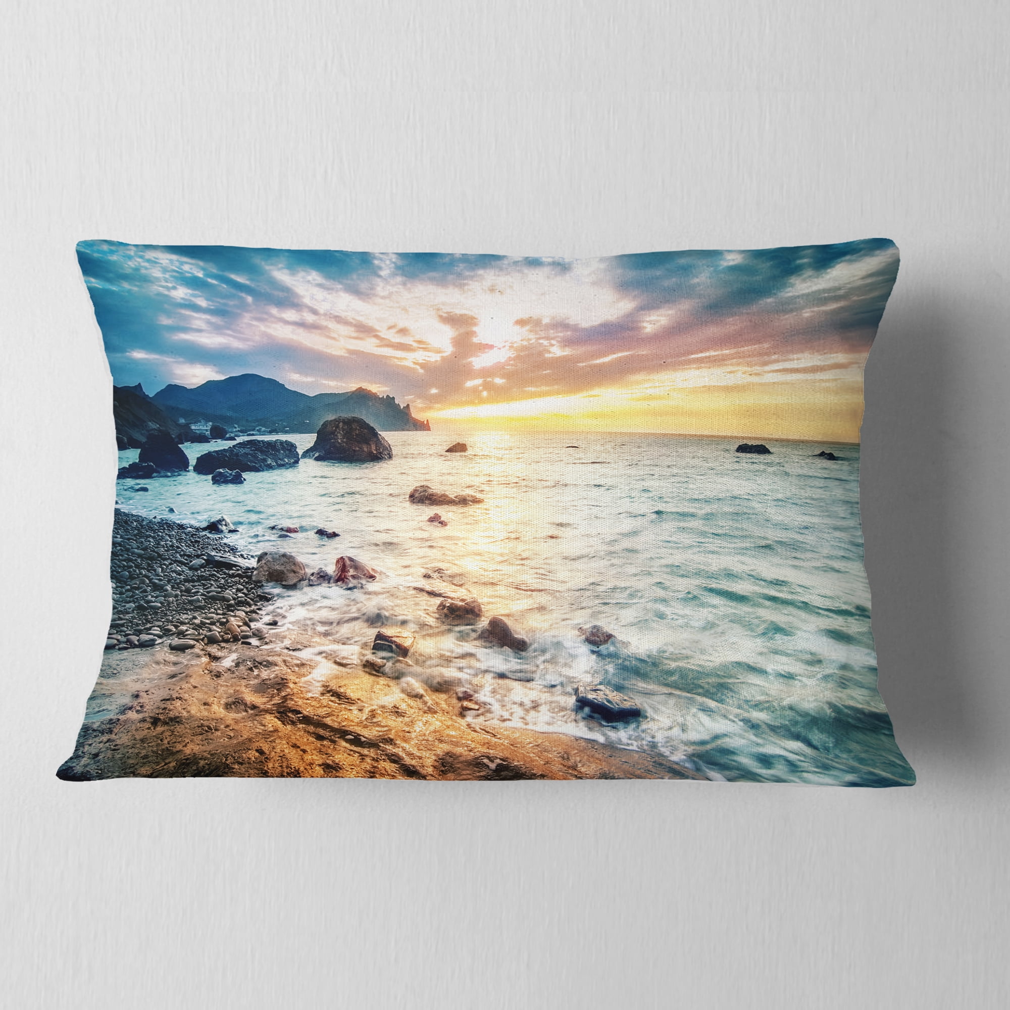 Designart Summer Sea with Mountains and Waves - Seashore Throw Pillow - 12x20