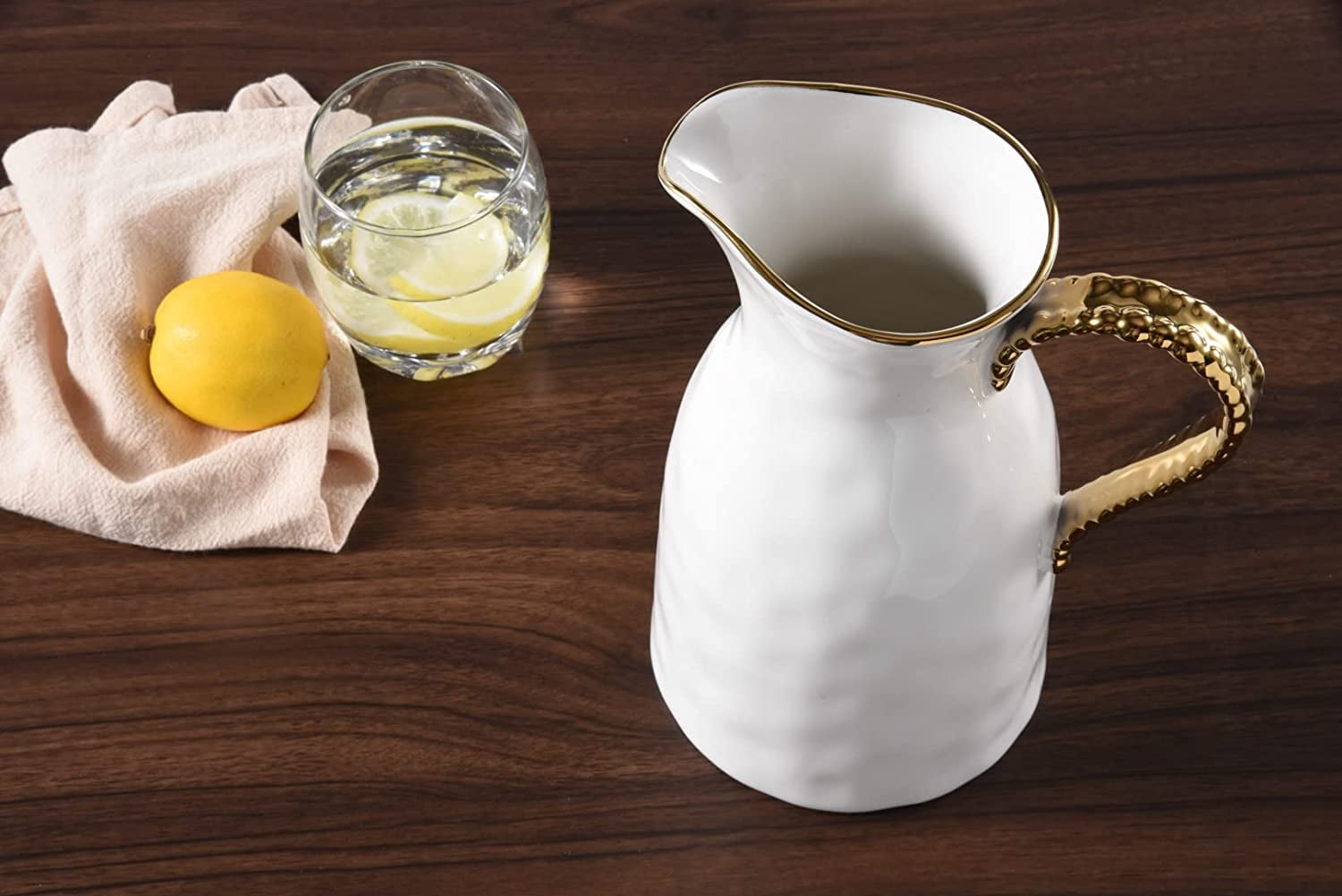 Pampa Bay Golden Salerno Titanium-Plated Porcelain Water Pitcher, 8.25 x 6.25 x 4.75 in, White and Gold