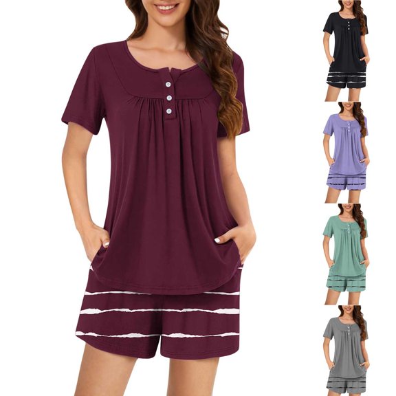 Bovxnpu Womens Plus Size Pajama Sets, 2 Piece Loungewear For Women, Women Casual Round Neck Print Short Sleeve Blouse Fashion Pants Pajamas Suit XXXL