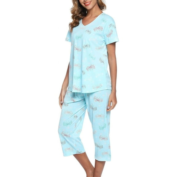 SOMER Womens Pajama Sets Cotton Pj Set Short Sleeve Top With Capri Pants Sleepwear 2 Piece Lounge Set