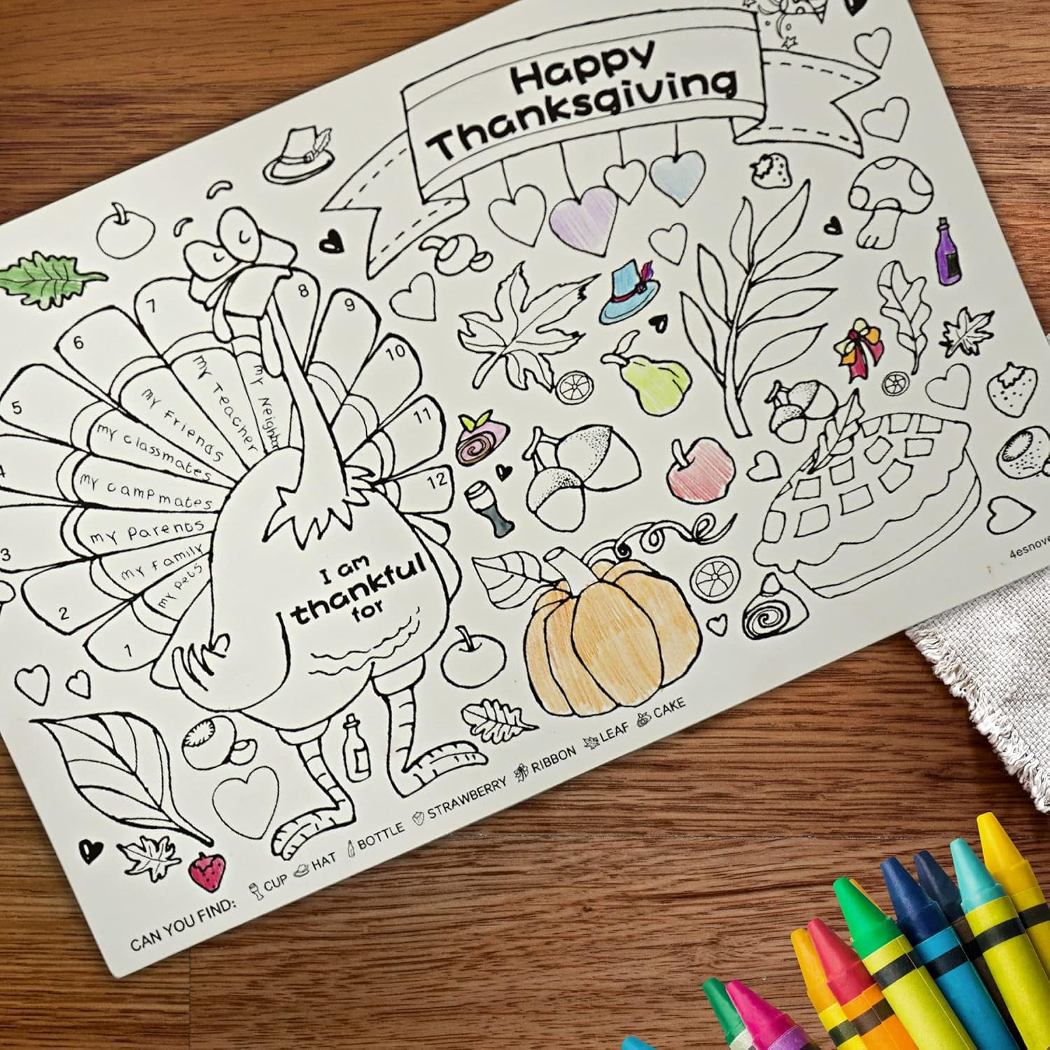 4E's Novelty 12 Pack Thanksgiving Placemat Activity for Kids & Adults - Perfect Disposable Paper Placemats 11x17, Fall Turkey Table Decor & Crafts