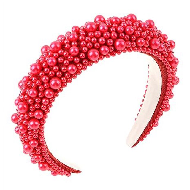 Diadema de perlas Diadema roja Moda para mujeres y niñas Diadema acolchada con cuentas gruesas lindas Diadema hinchada elegante Diadema festiva Accesorios para el cabello 15 * 4,2 cm