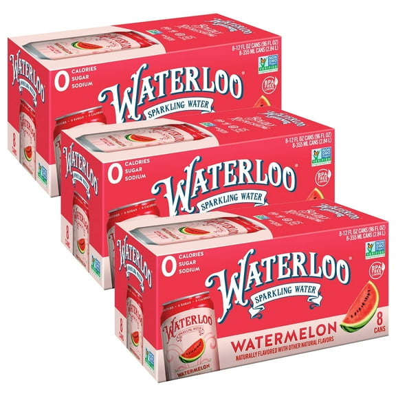 (3 pack) Waterloo Sparkling Water, Watermelon, 12 fl oz, 8 pack cans