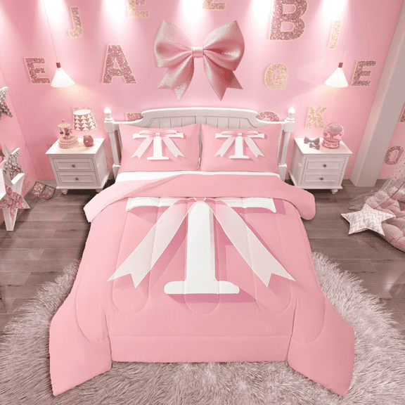 Manfei Kids Personalized Initial T 2pcs Twin Comforter Set - Kawaii Pink Bow Princess