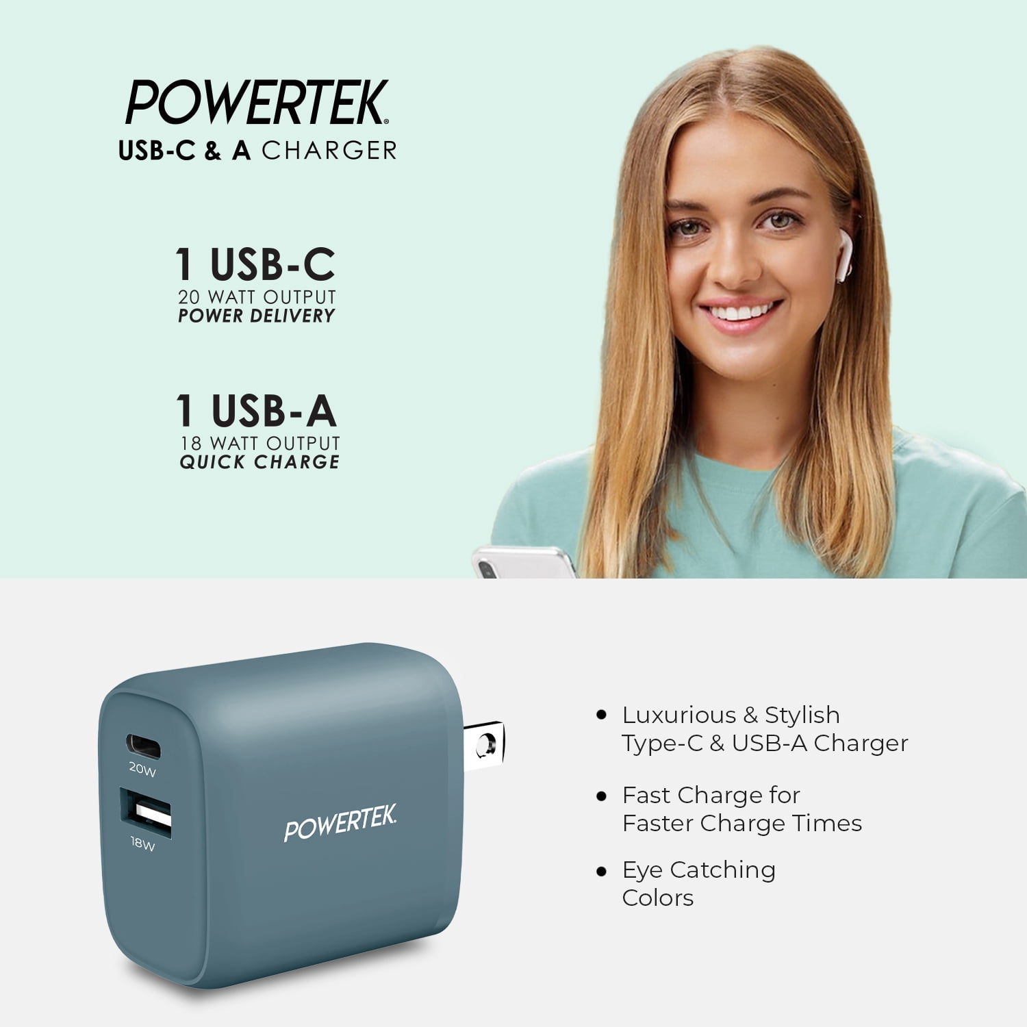 Liquipel Powertek Corduroy 20W Combo Wall Charger - Green