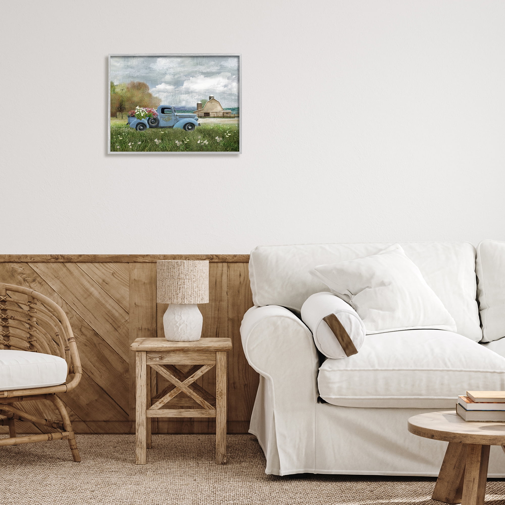 Stupell Industries Vintage Blue Truck Flower Bouquet Cloudy Sky Farmhouse Graphic Art Gray Framed Art Print Wall Art, 20x16, by Nan