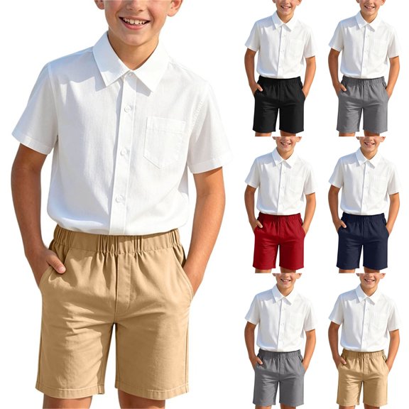 Yeaiivve Back To School Outfits for Boys 2 Piece Sets Short Sleeve Button Down Dress Shirt and Shorts Formal Set Solid Color Casual Uniform for Kids Black 4-5 Years
