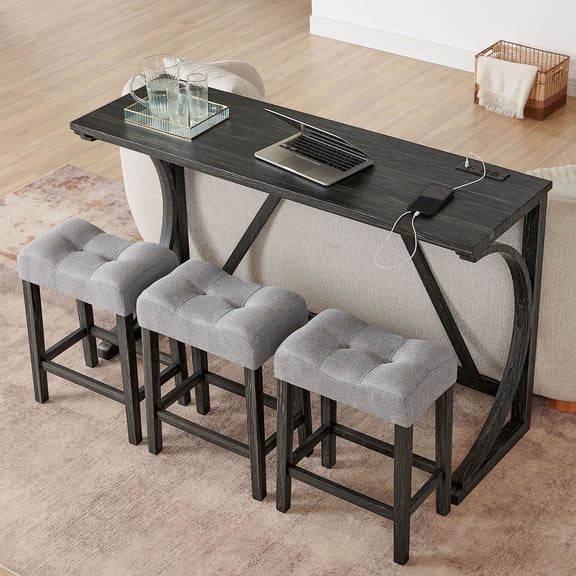 S-HOME 4 Piece Bar Table and Chair Set with Power Outlet, Linen Upholstered Stools, for Living Spaces, Black