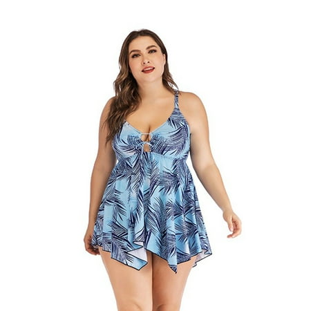 Womens Plus Size Swimsuits Bathing Suits Tummy Control Printed Swimwear  Suits, Blue-4XL 