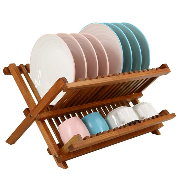 Utoplike Teak Wood Dish Drying Rack, Collapsible 2-Tier Drainer Rack, Plate Rack Holder for Kitchen Countertop, Foldable for Compact Saving