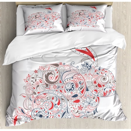 Bunny Duvet Cover Set Queen Size, Ornamental Easter Bunny Drawing Orient and Strokes Detailed, Decorative 3 Piece Bedding Set with 2 Pillow Shams, Vermilion Purpleblue, by Ambesonne