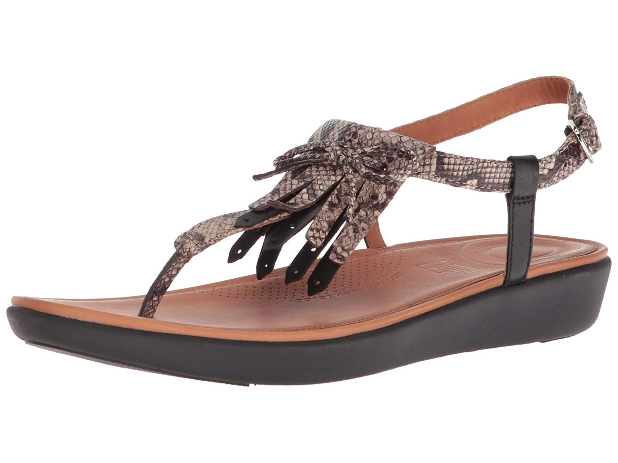 FitFlop - Fitflop Women's Tia Fringe Toe-Thong Sandals Flat, Taupe Snake/Black, Size 10.0 