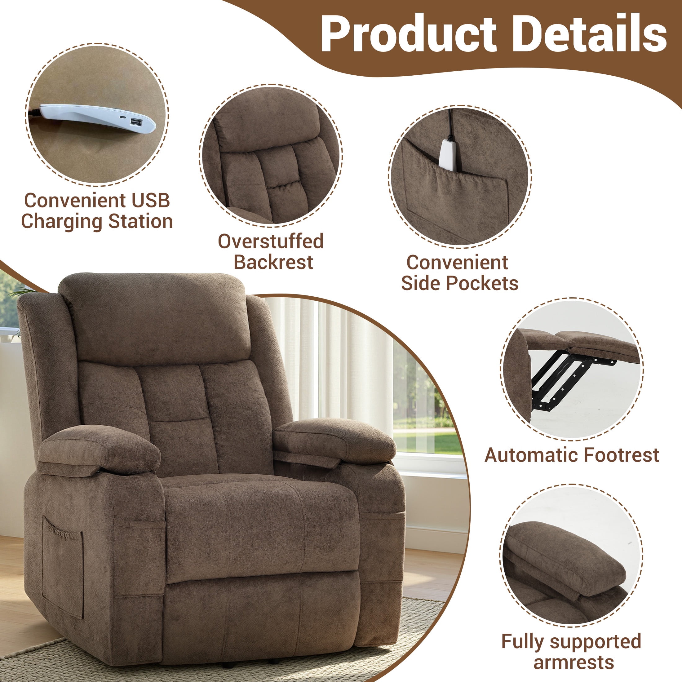 HSUNNS Power Lift Recliner Chair for Elderly, Overstuffed Wide Recliners for Adults, Heavy Duty Recliner Sofa and Safety Motion Reclining Mechanism, 45°-135° Recline, 350lb Capacity, Brown