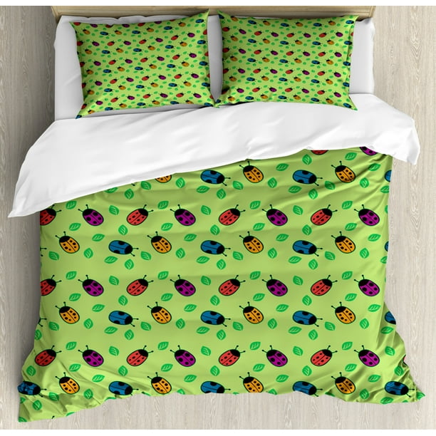 Ladybug Duvet Cover Set King Size, Cute Little Bugs for Good Luck Wish