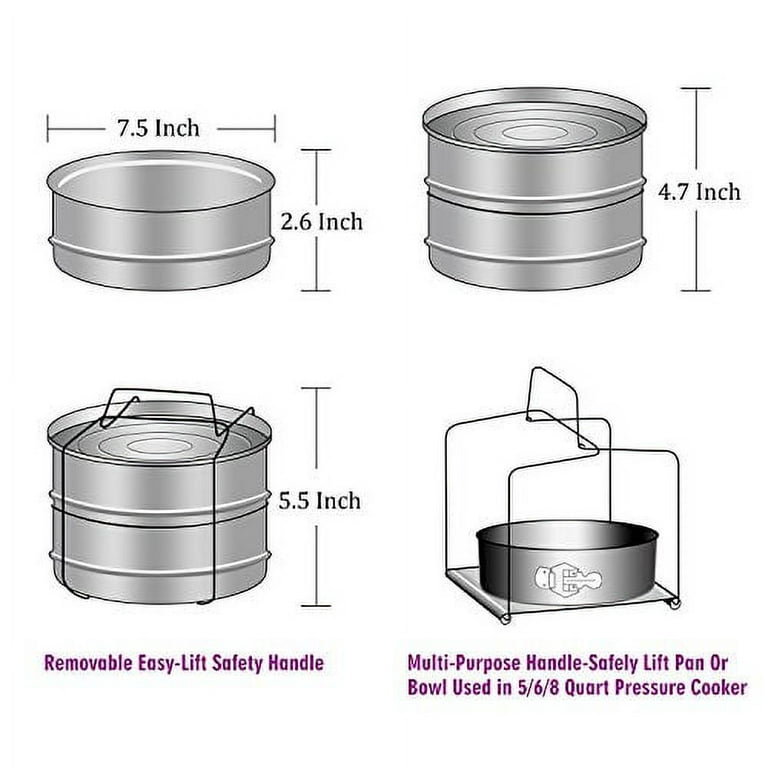 Dubbas - 3 Tier Stacking Insert Pans / Steamer For 6 Qt Instant Pot Cooker  PIP w/ Lids / Plates & Multipurpose Trivet / Sling to Cook, Serve, Store 