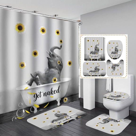 4PCS Cute Elephant Shower Curtain Set, African Wild Animal Wildlife Safari Glam Modern Bathroom Decor, Waterproof Fabric Black Curtain, Non-slip Bath Mat Toilet Rug, Gold Glitter