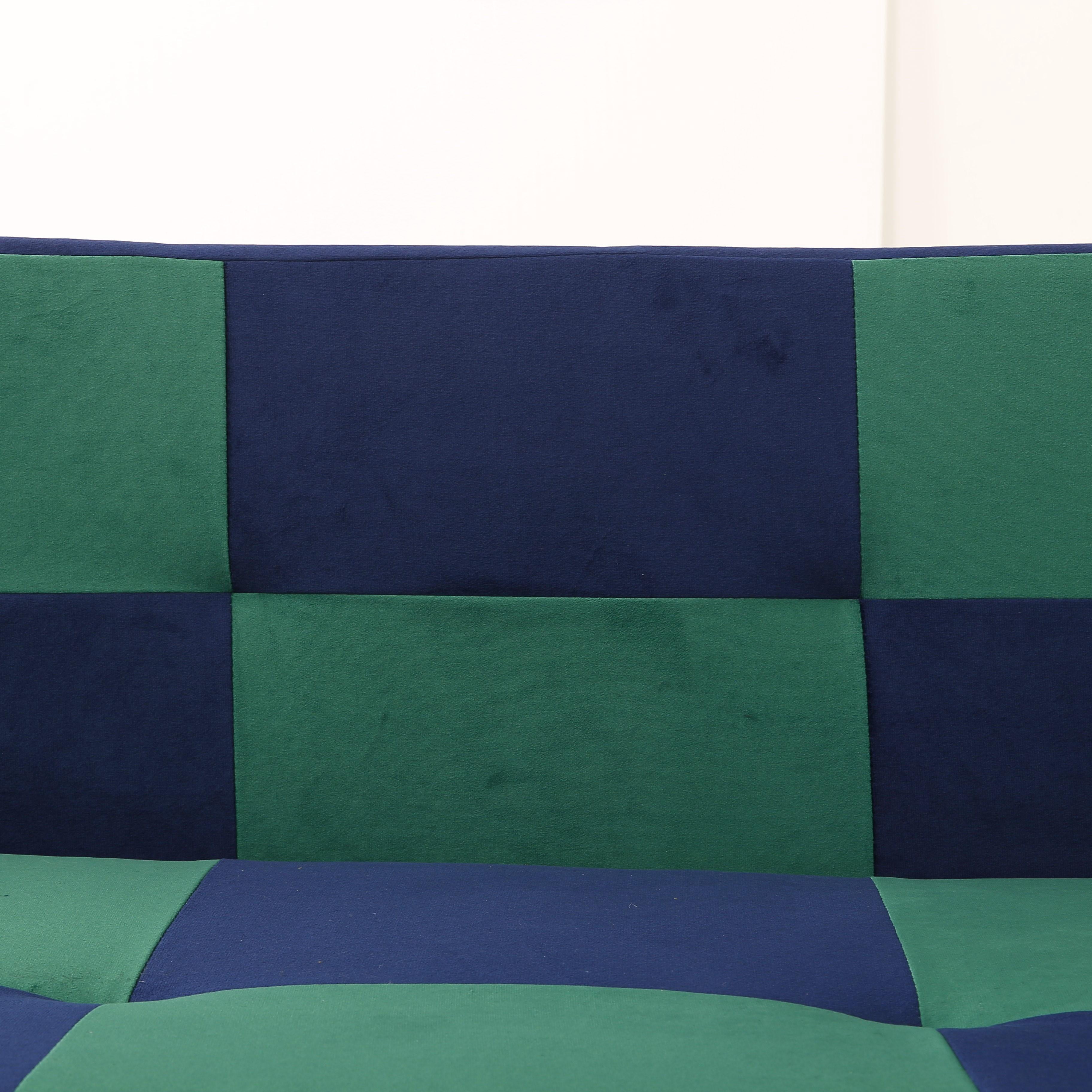 BSHTI 63.39" Velvet Convertible Futon Sofa Bed with 5-Position Adjustable Backrest , Twin Size Couch Sleeper Sofa for Living Room, Bedroom, Dormitory Navy blue&Green