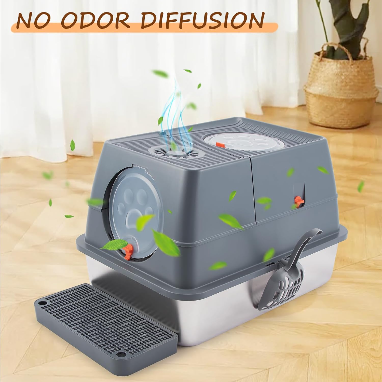 Stainless Steel Litter Box with Lid, XL Extra Large Cat Litter Box Enclosure, Front & Top Entry Covered Metal Cat Box with Steps & Scoop, Easy Cleaning