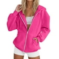 thumbnail image 5 of Women's Solid Color Zip Up Hoodie, Lightweight Fleece Lined Long Sleeve Casual Jacket, Oversized Fall Winter Sweatshirt for Daily Streetwear and Lounge Hot Pink M, 5 of 8