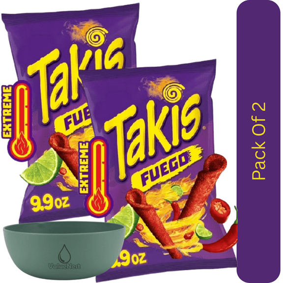 Takis Fuego Rolled Tortilla Chips, Hot Chili Pepper & Lime Flavor, 9.9 oz Sharing Bag With Olive Green Bowl By ValueNest