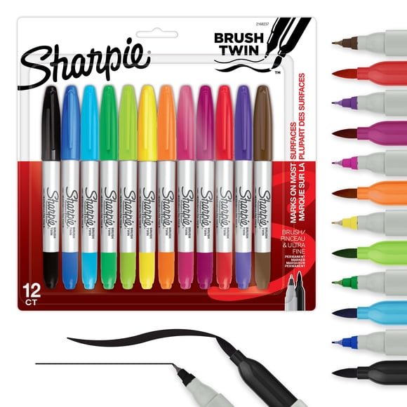 Sharpie Brush Twin Permanent Markers, Brush Tip Marker and Ultra Fine Tip Marker, Assorted Colours, 12 Count