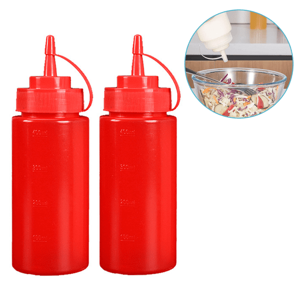 Leak-Free Set of 2 Clear Food Dispenser Squeeze Squirt Bottle Griddle Accessory with Cap for Sauces, Oil, Condiments