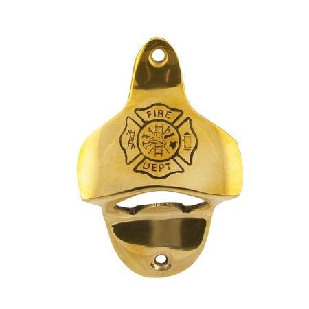 Mounted Bottle Opener - Brass FD Fire Dept. Wall Mount Beer/Soda/Pop Bottle Cap Top Opener Bar/Pub Decor