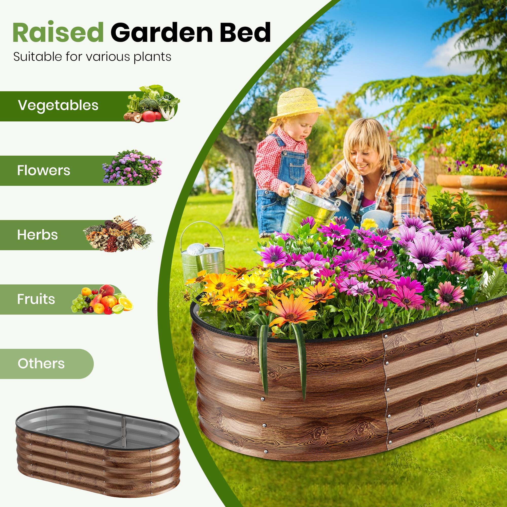 GVDV Galvanized Raised Garden Bed Outdoor, 4x2x1ft Backyard Oval Metal Planter Box with Easy Assembly, for Gardening Vegetables, Fruits, Flowers - Brown