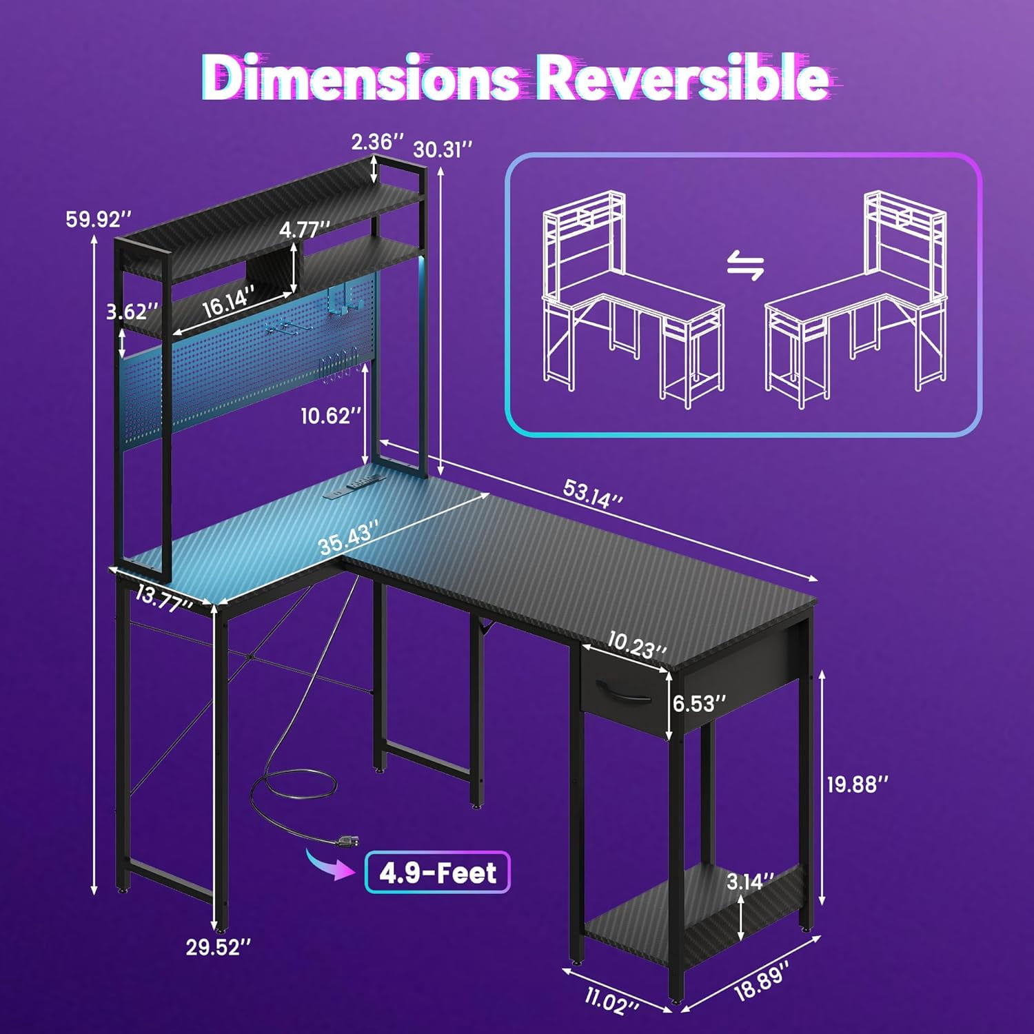 53-Inch Reversible L-Shaped Gaming Desk with LED Lights, Carbon Fiber Surface, Pegboard, Drawer, PC Tower Stand, and USB Charging Port