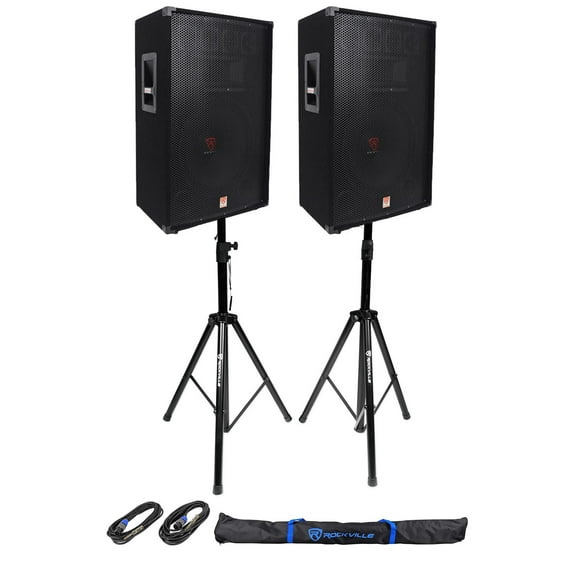 (2) Rockville RSG15 15” 3-Way 1500 Watt 8-Ohm DJ PA Speaker  Stands  Cables