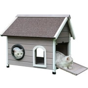 Rockever Outdoor Cat House,Weatherproof Wooden Feral Cat House for Outside, Small Pet House with Unique Shape, Dome Window, Escape Door and Removable Attic-Grey