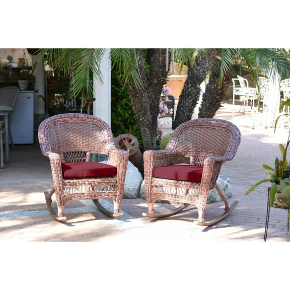 Jeco Honey Rocker Wicker Chair with Red Cushion -  Set of 2