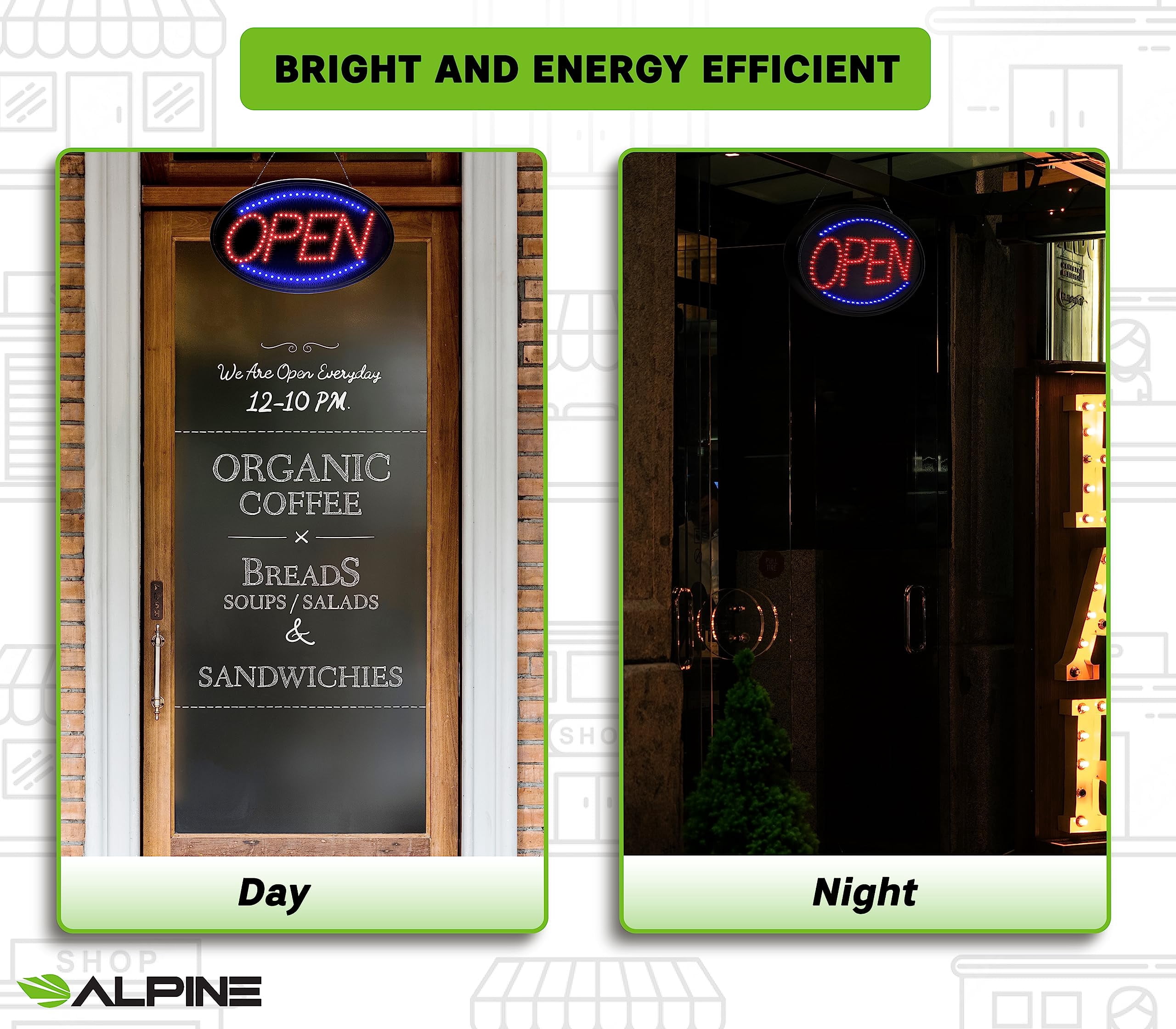 Alpine Led Open Signs for Business Window - Flashing High Visibility Lighted Open Led Sign, Electric Store Open Sign to Hang in Store, Restaurant, Bar, Barber Shop (Oval, 23" X 14")