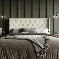 Home Design Sonoma Twin Tufted Upholstered Headboard with Wingback Design and Nailhead Trim, Cream, Easy Assembly