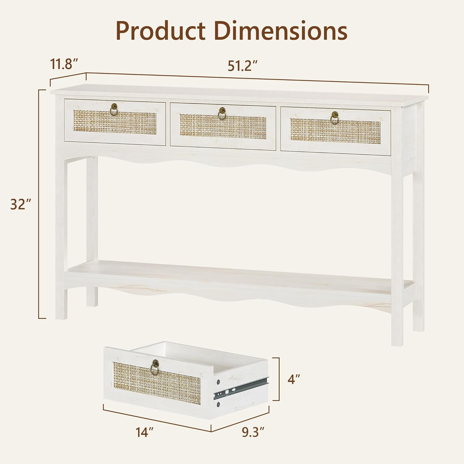 LAZZO 51” Boho Rattan Console Table, Narrow Entryway Table with 3 Drawers & Open Shelf, White