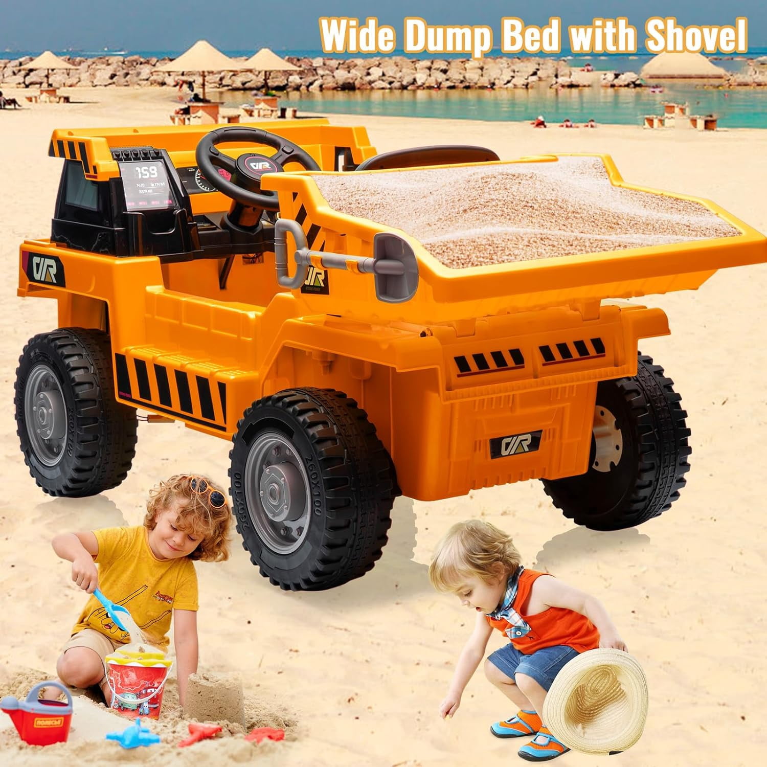 EastVita Ride on Dump Truck, Ride On Car with Remote Control, 12V Kids Electric Car with Remote Control, Ride on Construction Vehicles with Electric Dump Bed and Extra Shovel, Music Player