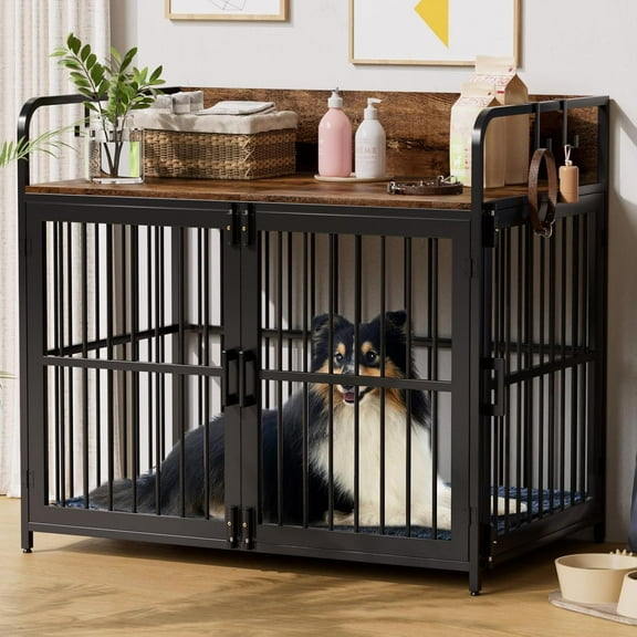 43" Large Dog Crate Furniture for Dogs, Wooden Decorative Heavy Duty XL Dog Kennel with Double Doors for Large/Medium Breed, Pet House Dog Cage with Side End Table Indoor