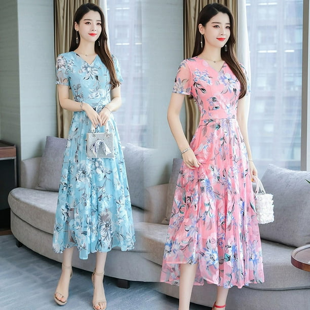 Women Summer Short Sleeve Flower Pattern Casual Long Dress - Walmart.com