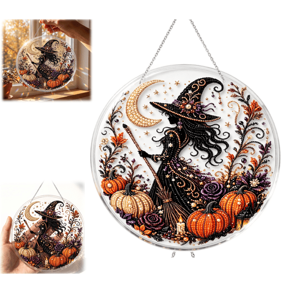 Halloween Pearl Diamond Painting Suncatcher Kit, DIY Craft, Pre-Assembled Metal Chain, Acrylic Round Board with Lace Edge, 3D Mixed-Sized Pearl Beads Craft, Festive Window Wall Decor(Witch)