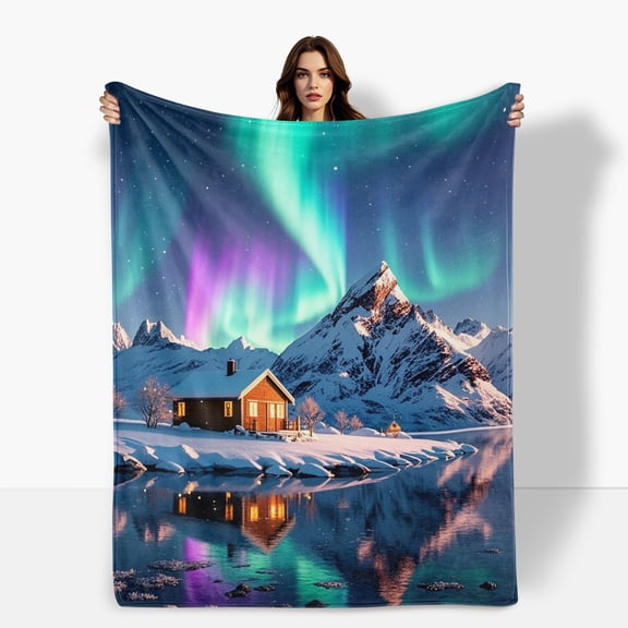 Aurora Snowy Mountain Cabin River Themed Cozy Fleece Blanket Soft Warm Comfortable For Sofa Bed Travel Camping Living Room Office Chair Polyester Gift For Family Or Friends