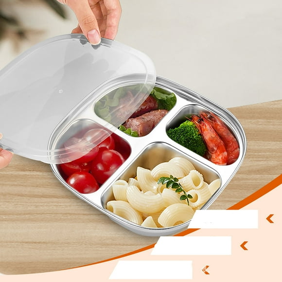 Stainless Steel Plate 304 Food-Grade Compartmentalized Kids Dish with 4 Sections (3 oz, 4 oz, 4 oz, 6 oz) and Transparent Polypropylene Lid