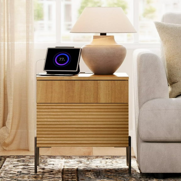 WAMPAT Modern Fluted Nightstand with Charging Station, Mid-Century Side Table with 2 Drawers for Bedroom, Living Room, Oak Finish