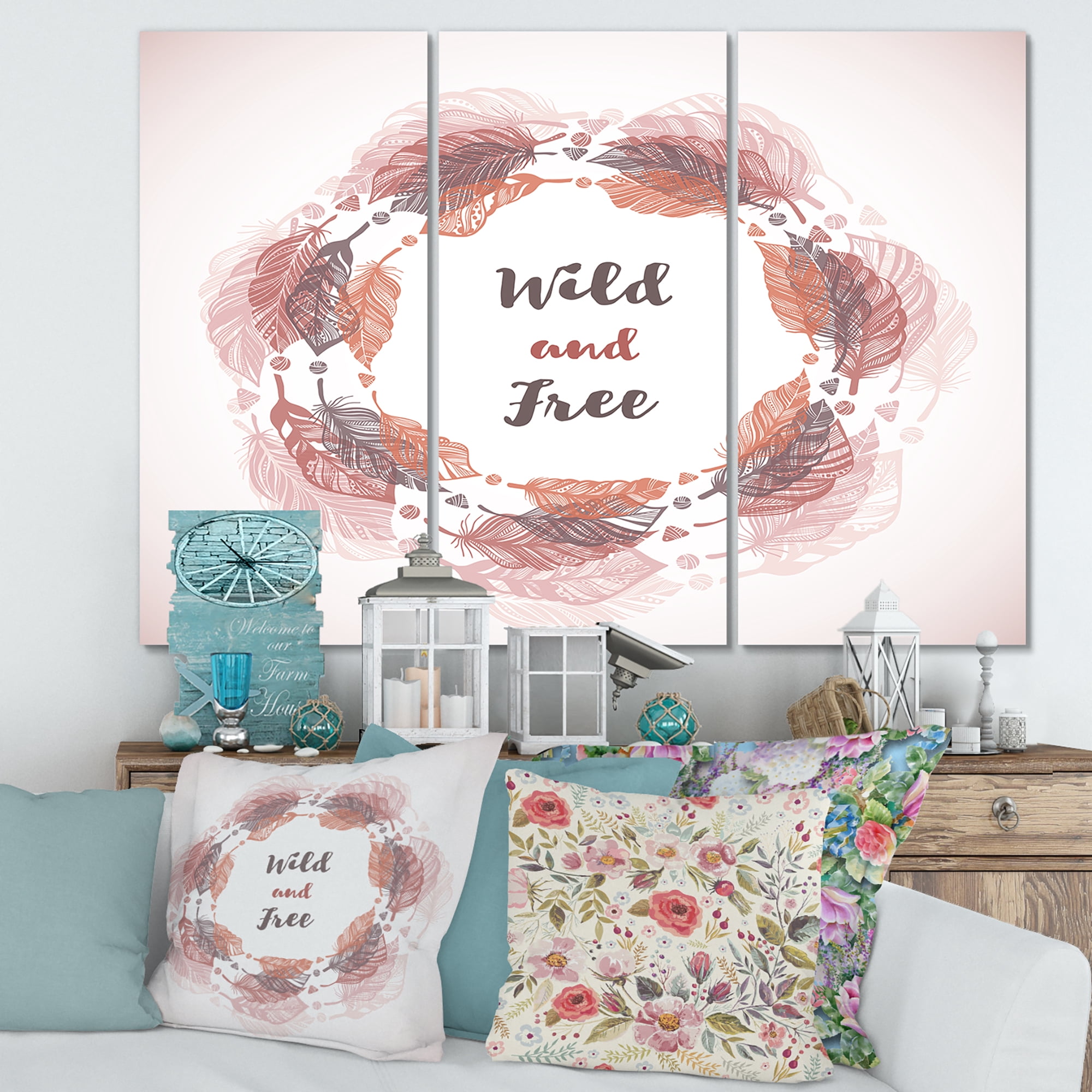 Designart ' Wild and Free Feather Wreath In Boho Style ' Bohemian & Eclectic Canvas Wall Art Print