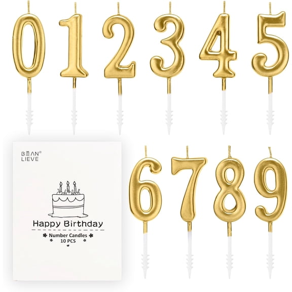 10-Pieces Numeral Birthday Candles - Cake Numeric Candles Number 0 1 2 3 4 5 6 7 8 9,Used for Cake Decoration on Birthday Parties and Wedding Anniversary Celebrations(Champagne Gold)