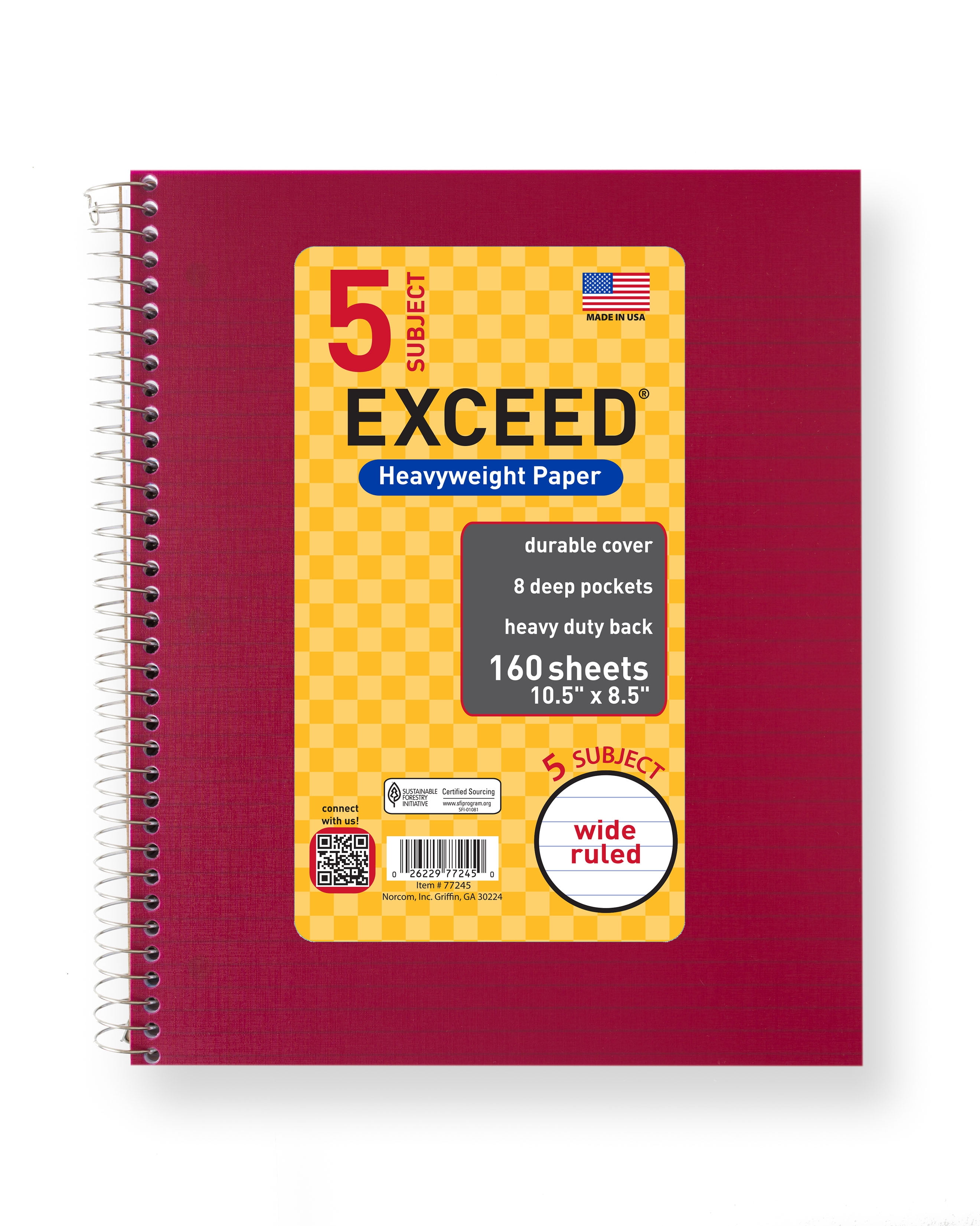 Exceed 5 Subject 160 Count Notebook, Burgundy, 10.5' x 8.5', Wide Ruled