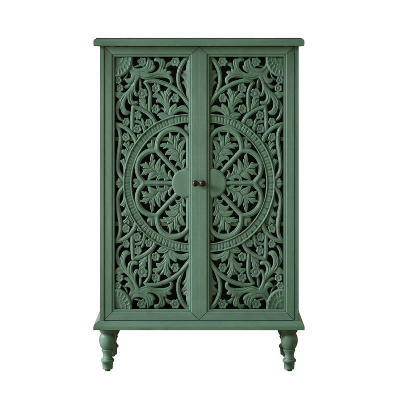 Freestanding Accent Storage Cabinet with Hollowed Out Carved Double Door, Farmhouse Display Buffet Chest with Adjustable Shelf
