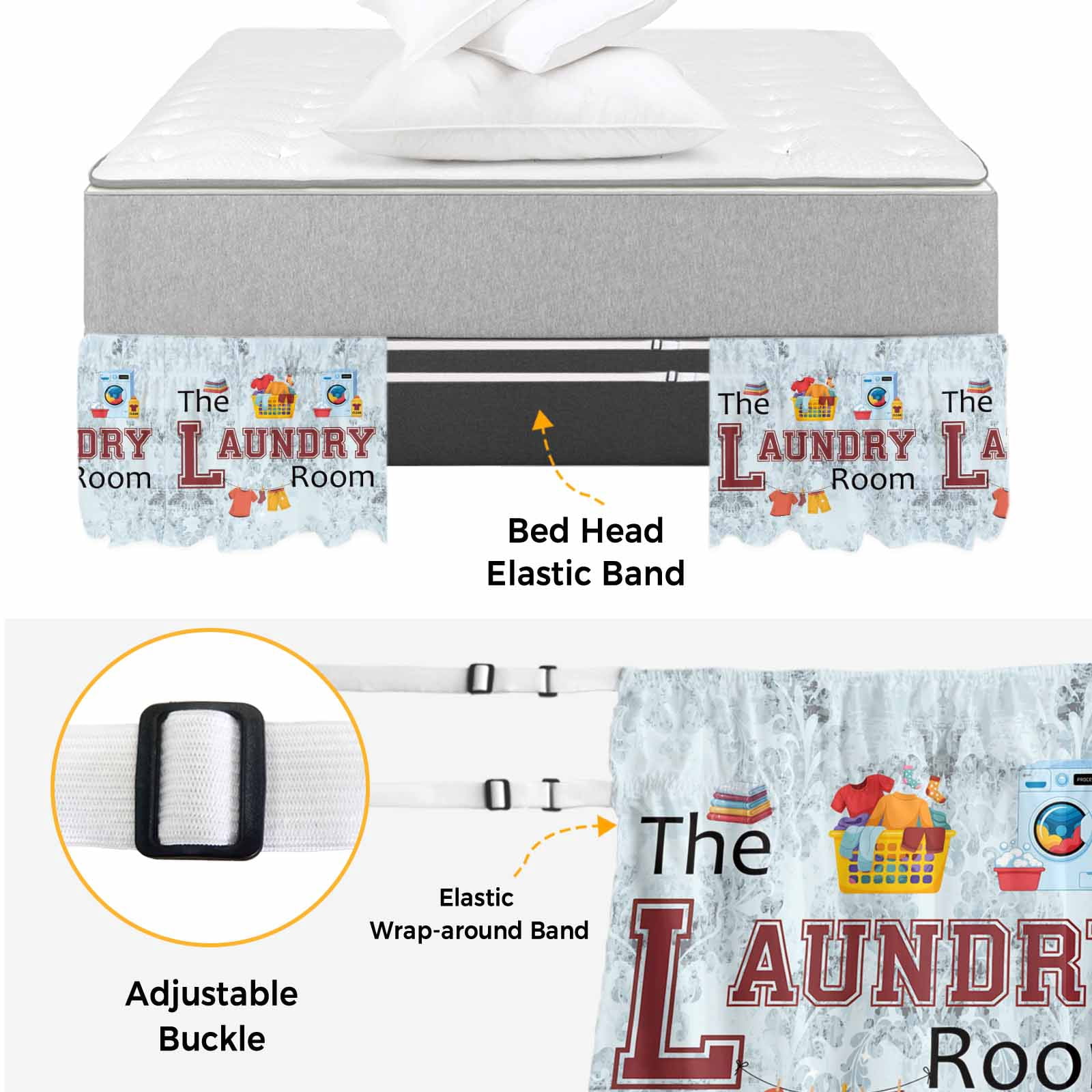 Laundry Room Bed Skirt Queen Size, Blue Cartoon Washing Machine Clothes Wrap Around Bed Skirting with Adjustable Elastic Strap, Dust Ruffle Pleated Bedskirts 16 Inch Drop for Bedroom Queen Beds