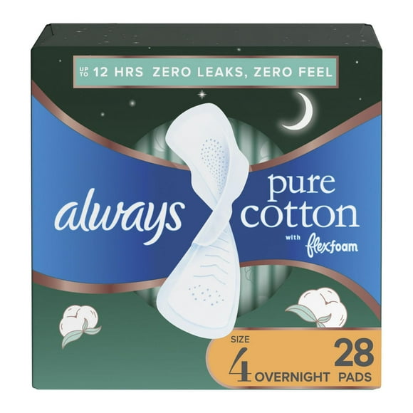 Always Pure Cotton Feminine Pads for Women, Size 4, Overnight, with wings, Unscented, 28CT