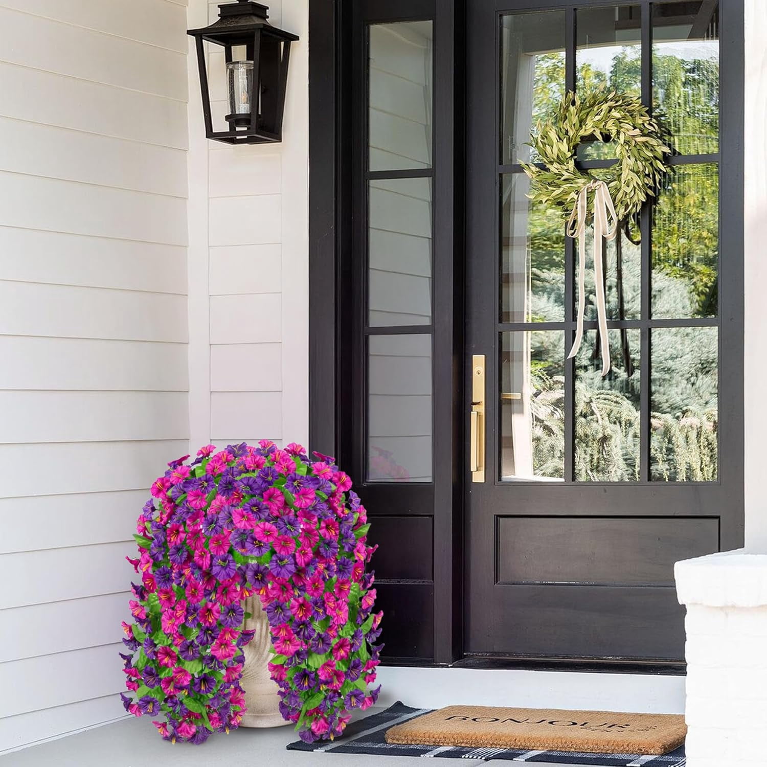 Artificial Fake Hanging Flowers Basket for Spring Decor, Faux Silk Flower in Planter for Summer, Outdoor Artificial Floral for Home Porch Yard