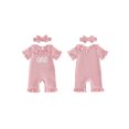 thumbnail image 2 of BemeyourBBs Baby Girls First Birthday Outfit One Years Old 1st Birthday Clothes Summer Waffled Romper with Matching Bow Headband Letter Embroidery Ruffle Short Sleeve Bodysuit Playsuit, 2 of 9